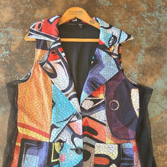 Shana Art to Wear Upcycled Tunic Top Size L Geometric Abstract Mesh Colorful - Picture 2 of 11